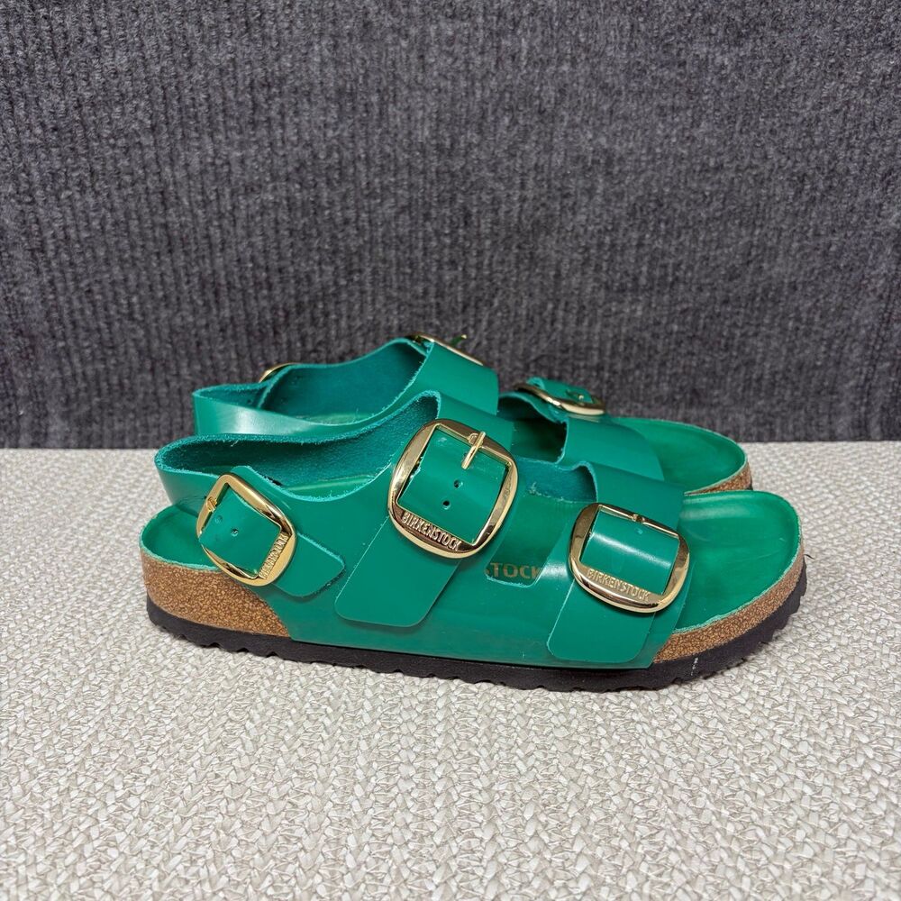Birkenstock Milano Big Buckle High Shine Digital Green Gold Leather Women’s 40 9
